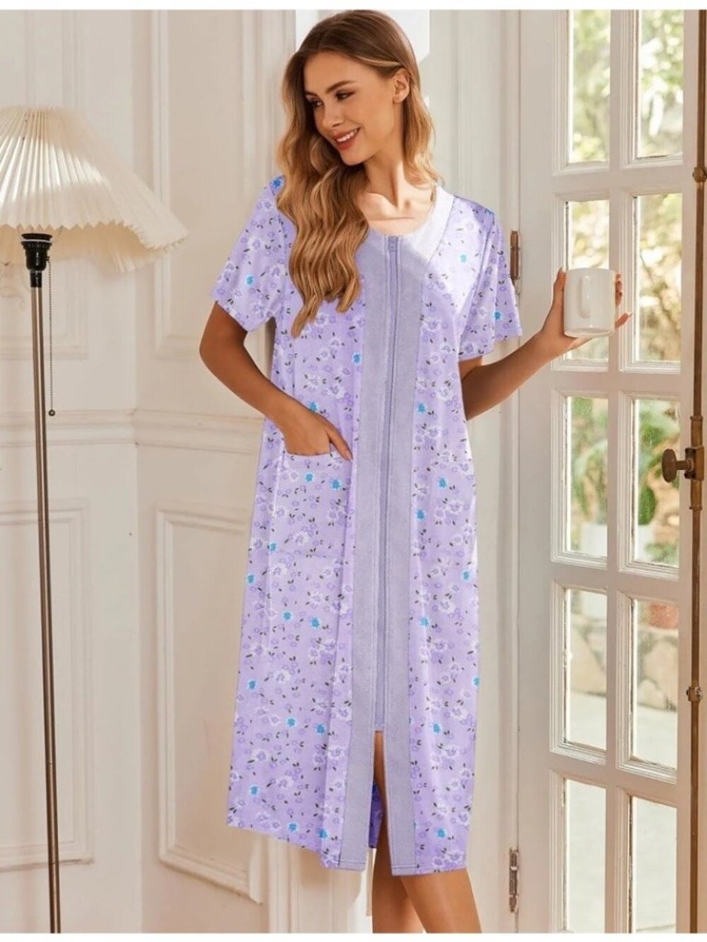 Ekouaer Womens XL Purple Floral Zipper Robe Full Length Short Sleeve Housecoat